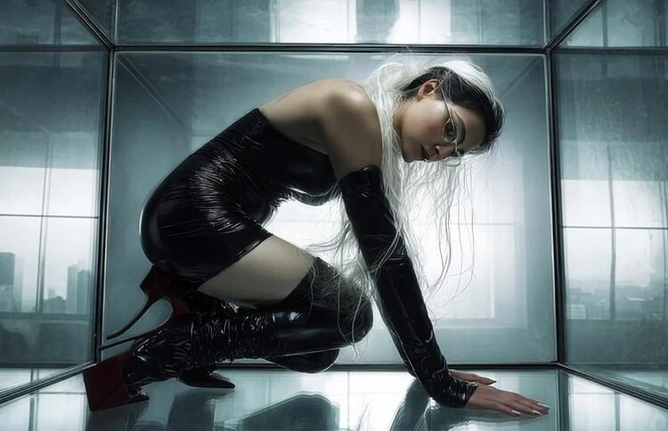 AI image of a model enclosed in a glass box